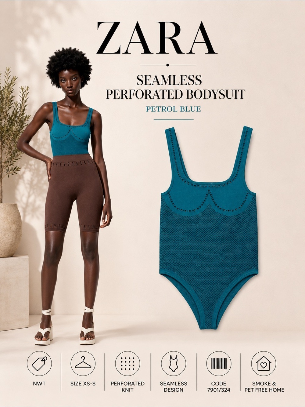 Zara Petrol Blue Seamless Perforated Knit Bodysuit XS-S NWT Sleeveless Stretch